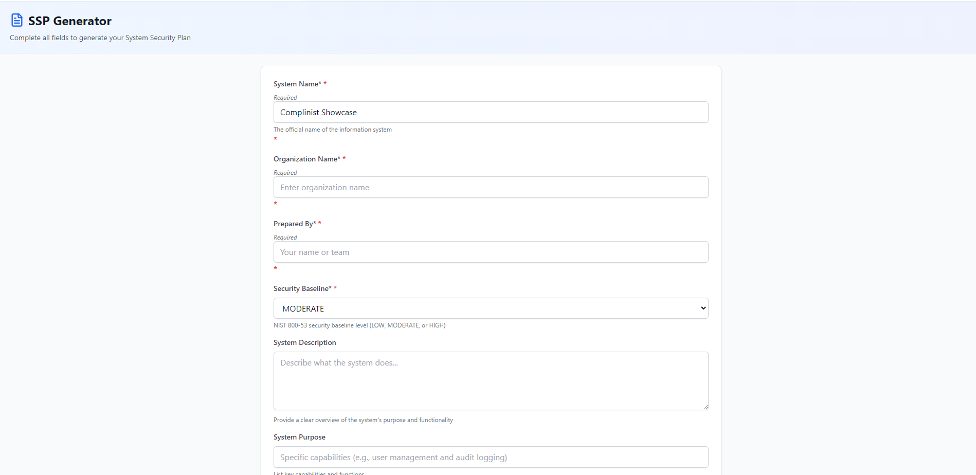 Screenshot of Complinist assessor-ready ssp generation feature for NIST 800-53 compliance